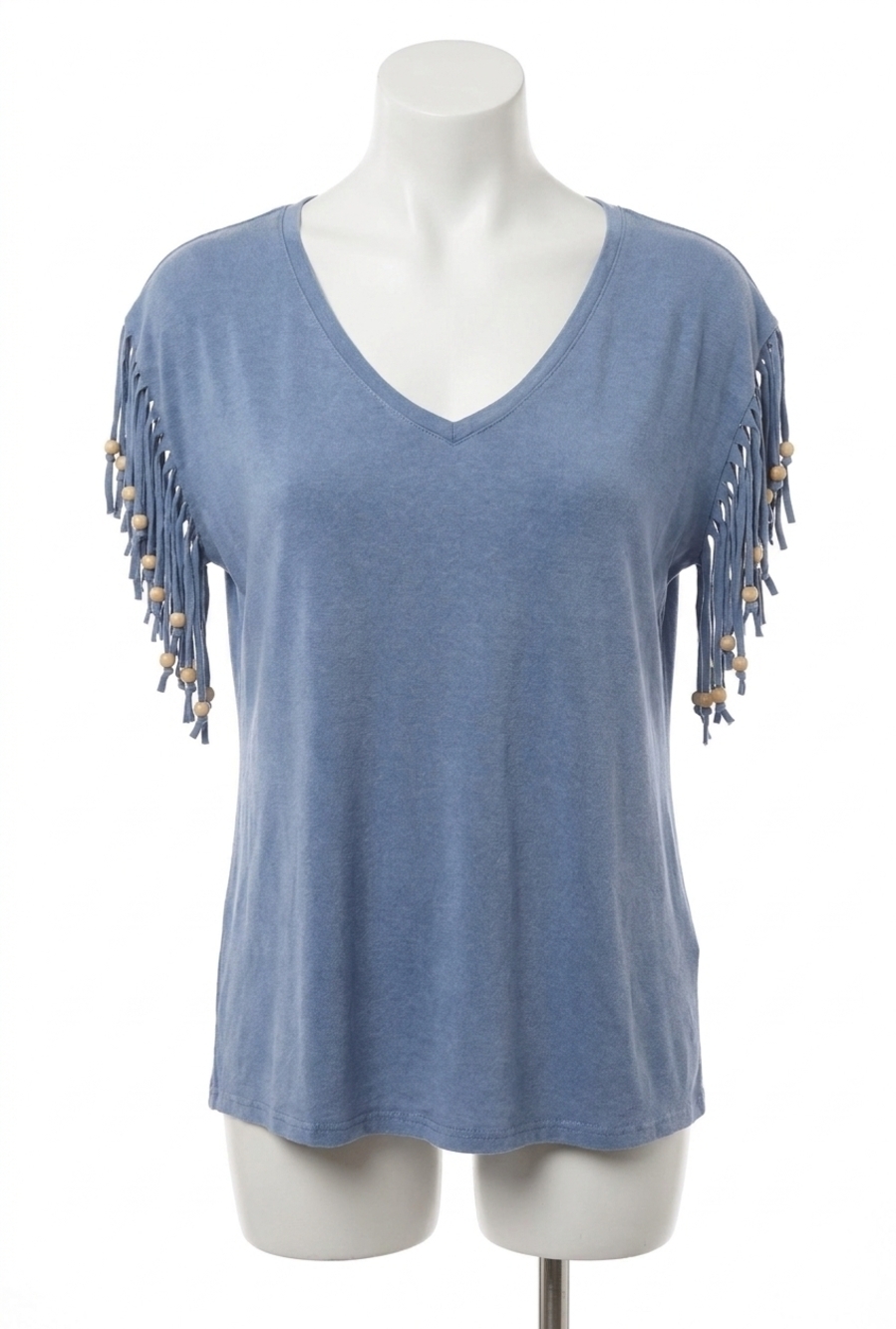 NEW ANGEL stone wash cut out fringe beaded sleeve top in denim